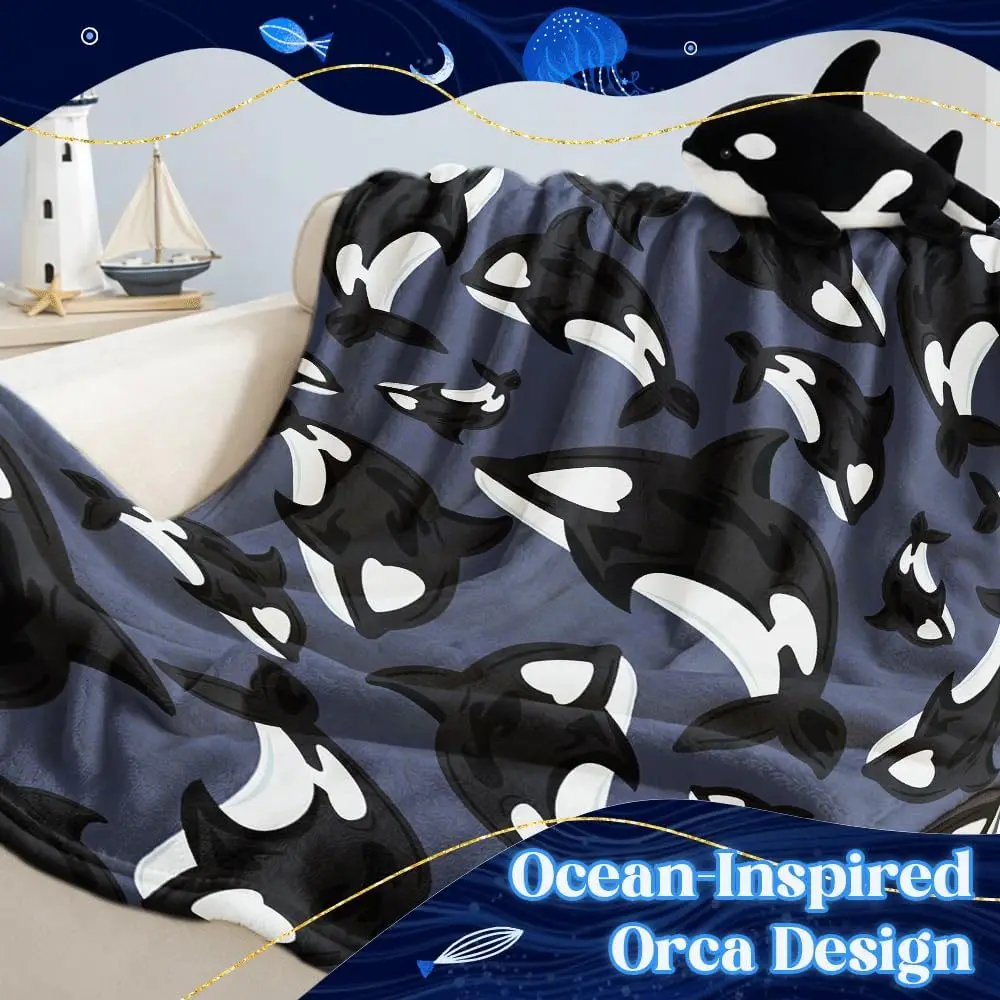 Black White Orca Ocean Animal Repeat Full Pattern Soft Flannel Blanket Light Decor Blanket For Bed Living Room Travel Rest