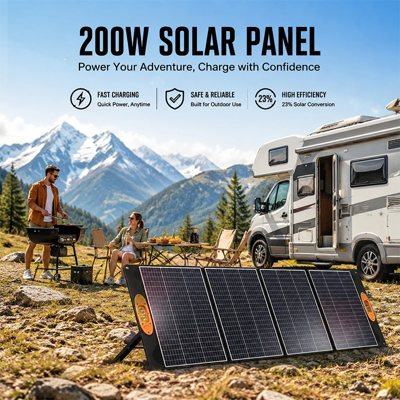 Składany Przenośny Panel Słoneczny 200W Ładowarka Solarna 200W Zewnętrzne Zasilanie Awaryjne do Kempingu, Kampera, Domu