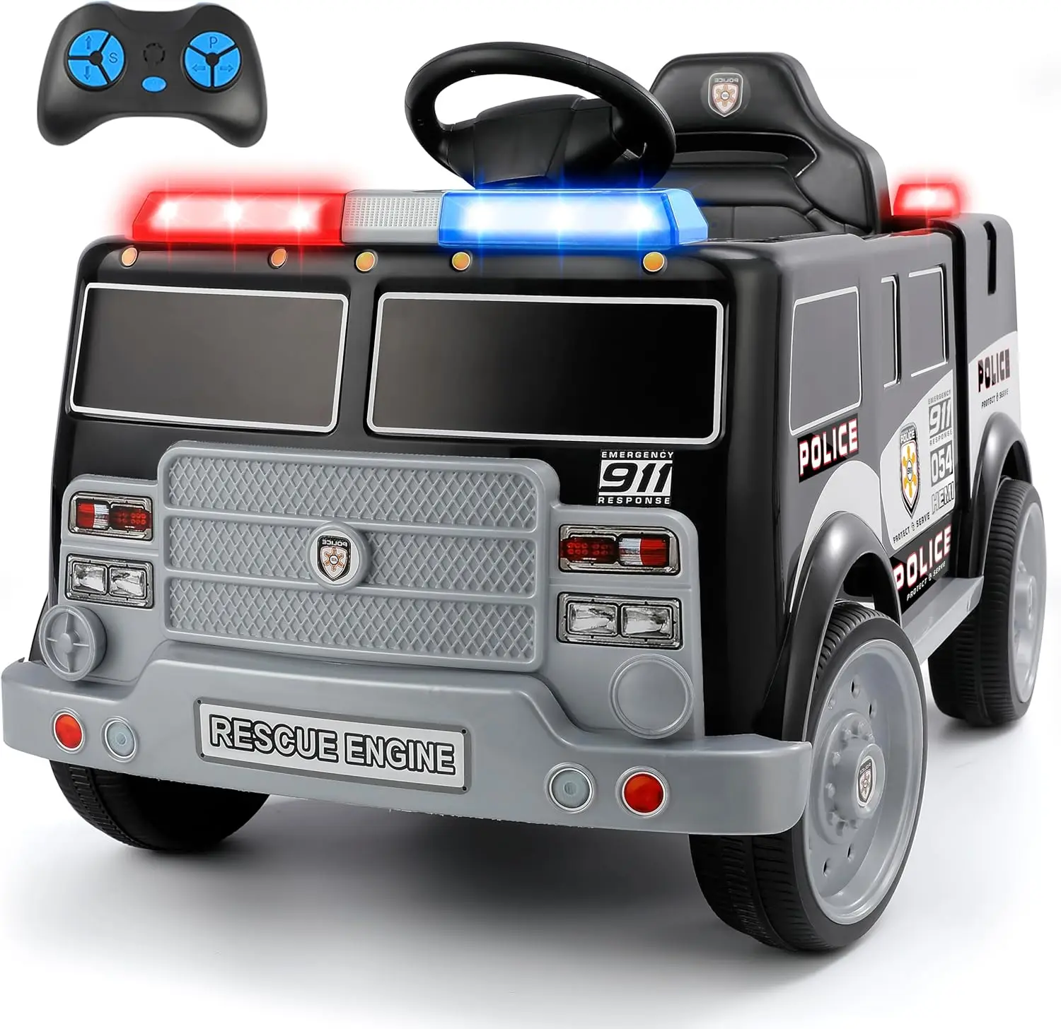 12-V-Fahrt auf Polizeiauto, elektrischer Fahrt auf LKW für Kinder, batteriebetriebenes Kleinkinderauto-Fahrt auf Spielzeug mit Fernbedienung für Eltern, Sirene-Ca