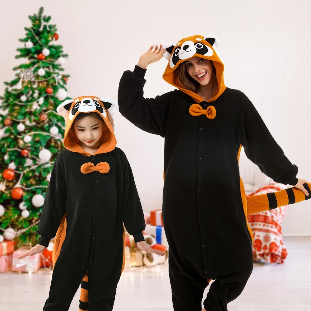 

Red Panda Onesie Pajamas for Adult and Kids Family Matching Christmas Party Costumes Winter Warm Hooded Pyjamas Homewear