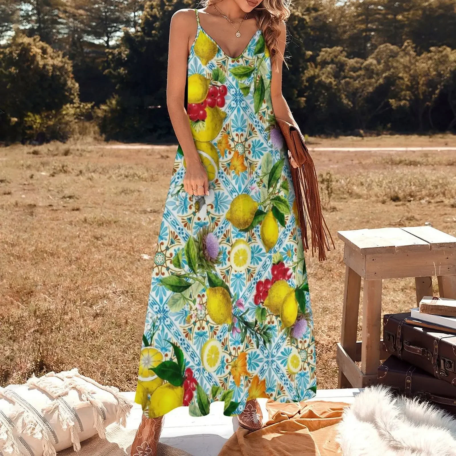 Sicilian lemons and romantic tiles cottagecore aesthetic Sleeveless Dress elegant party dresses for women 2025 Dress