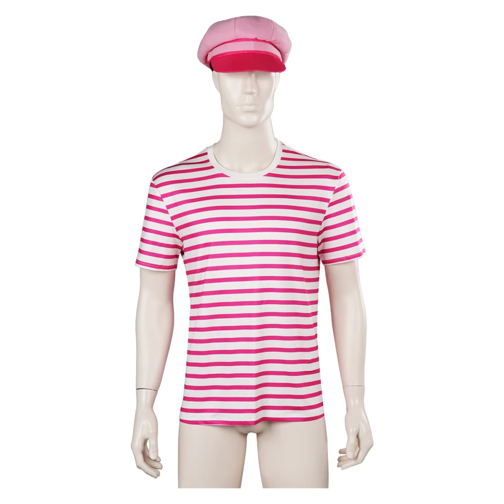 Boyfriend Ken Cosplay Fantasia Cute Pink Striped T Shirt Hat 2023 Movie Barbei Disguise Costume Adult Men Fantasy Halloween