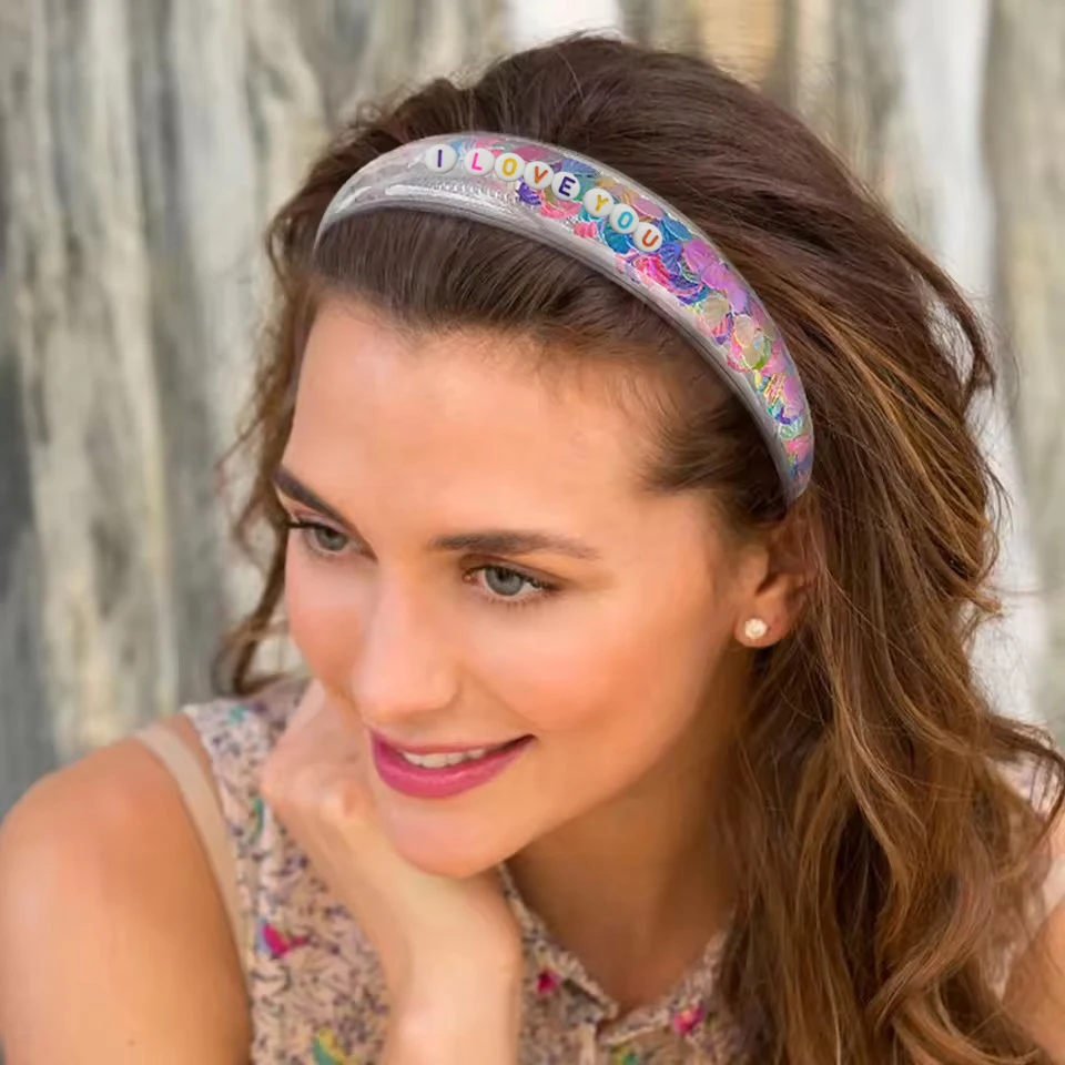 Przezroczyste opaski na głowę Quicksand dla dzieci Dzieci Dziewczynki Brokatowe cekiny Spersonalizowane opaski do włosów Bezel Hair Hoop