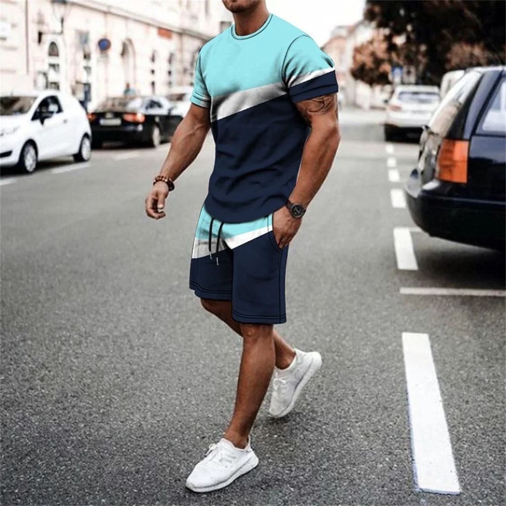 New Men's Sports Suit T Shirt Solid Color Casual Plus Size Tracksuit Man Summer Clothing Streetwear Male Shorts Two Piece Sets