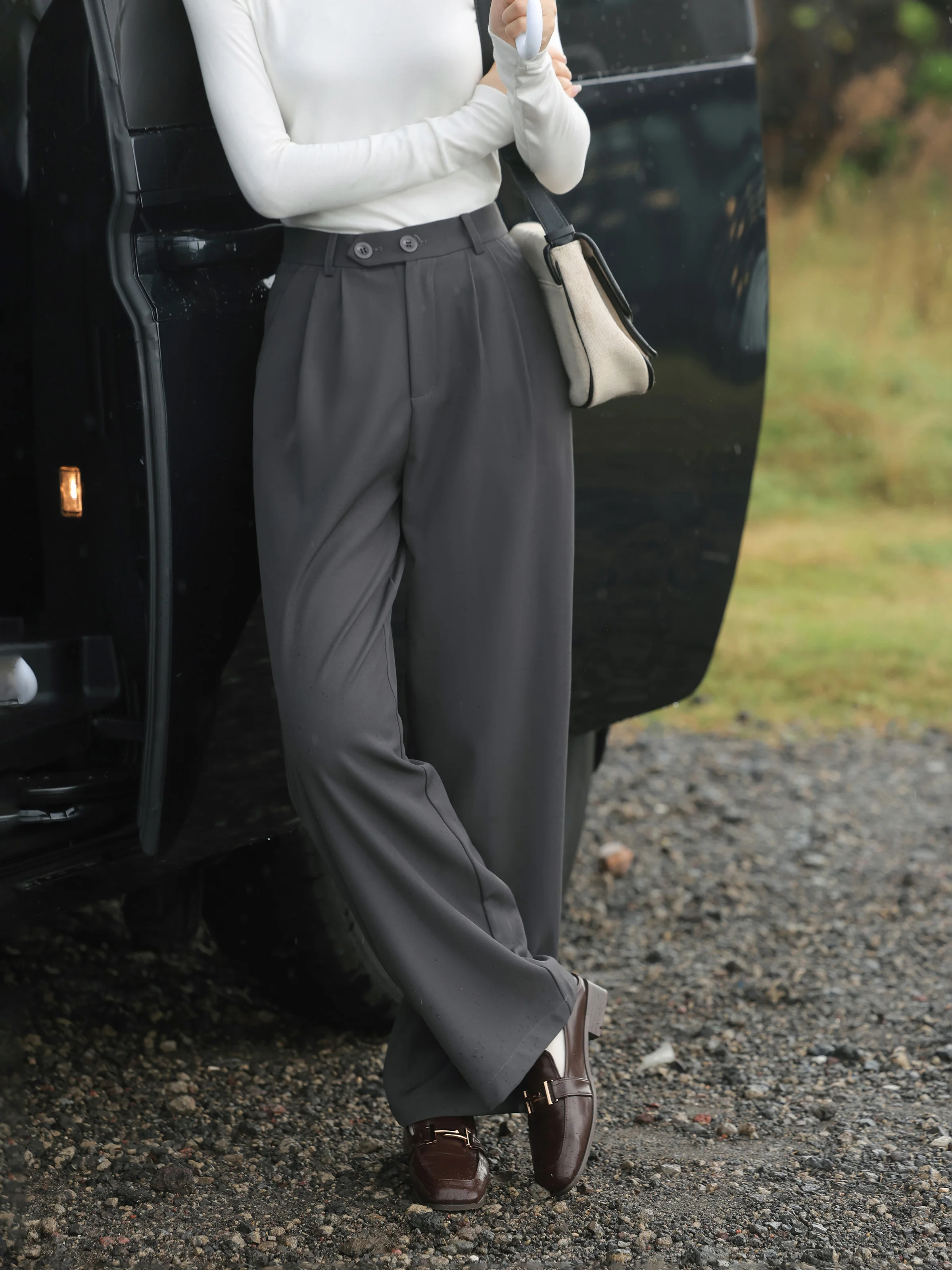 Black High Waist Wide Leg Pants Spring Casual Straight Trousers Petite Loose Suit Style Slacks Elegant Office Workwear Bottoms