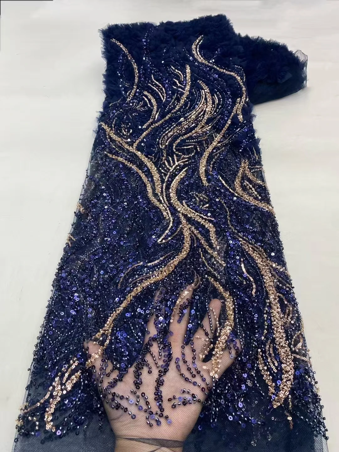

New Style Navy Blue Heavy Beads Sequins African Nigerian Lace Fabric 2025 Beaded French Lace Fabric For Party Dress Sew KXX25150