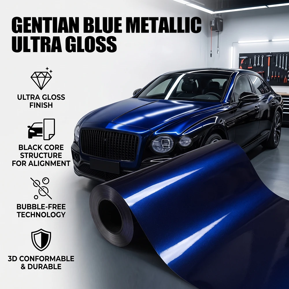Gentian Blue Metallic PVC Car Vinyl Wrap Film with PET Release Liner Air‑Channel Bubble Free Self‑Adhesive Color Change Decal