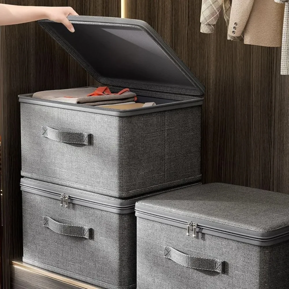 Premium Linen Like Fabric Storage Box Foldable Wardrobe Organizer with Sturdy Board Support Large Zipper Bin for Clothes Sweater