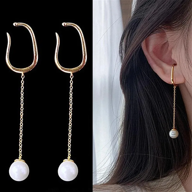 Fashion Pearl Ear Cuff Cross Clip Long Pearl Earrings Fake Piercing Ear Clips for Women No Hole Earrings Jewelry Accessories