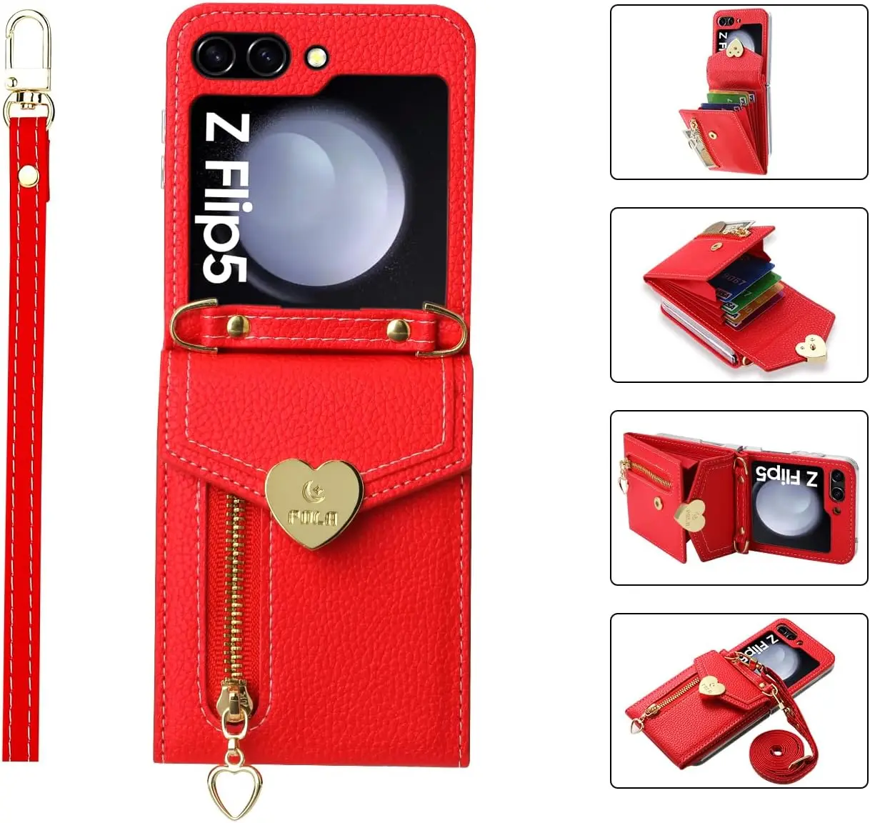 

for Samsung Galaxy Z Flip 5 Case with Accordion Crossbody Zipper Love Wallet, 4 Card Slots Large Capacity, 2 Style Straps