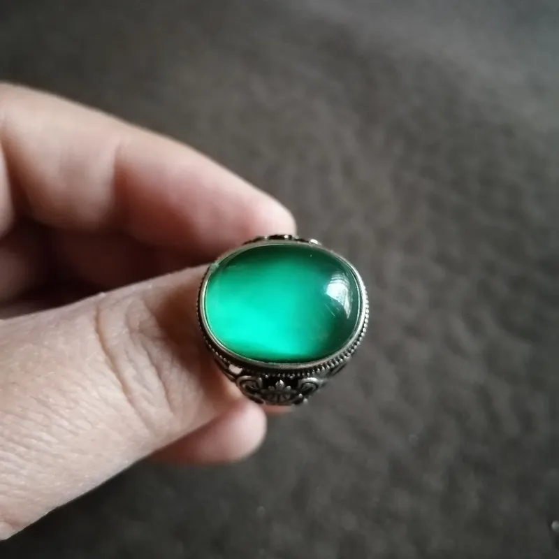 Antique Vintage Retro Silver Inlaid Color-Changing Emerald, Adjustable Ring With Aged Patina