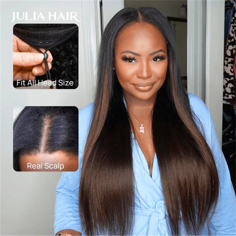 Julia Hair Drawstring Chestnut Brown Yaki Straight V Part Wig No Sew In Glue Machine Made Upgrade U Part Human Hair Wig 180%