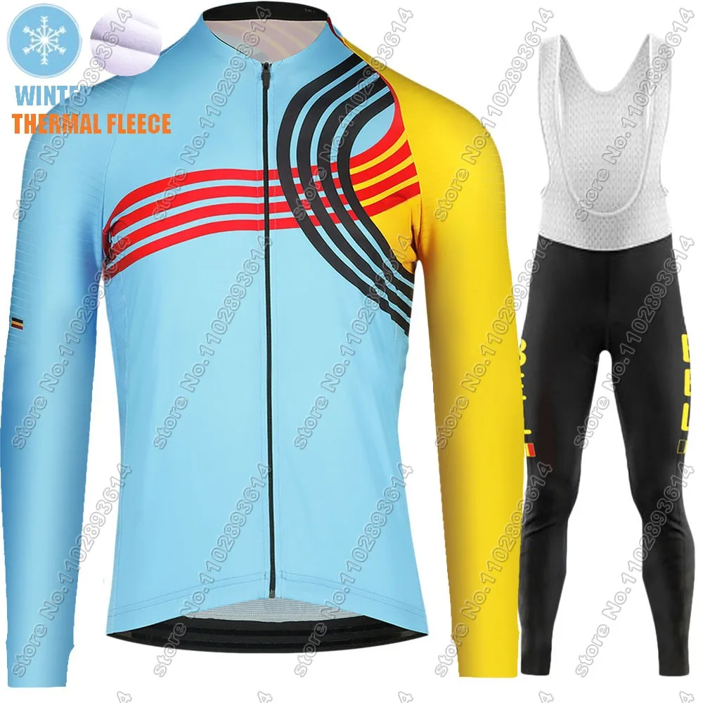 Belgium Natioinal Team 2024 Cycling Jersey Set Winter Suit Blue White Belgian Long Sleeve MTB Bike Road Pants Bib Ropa Maillot