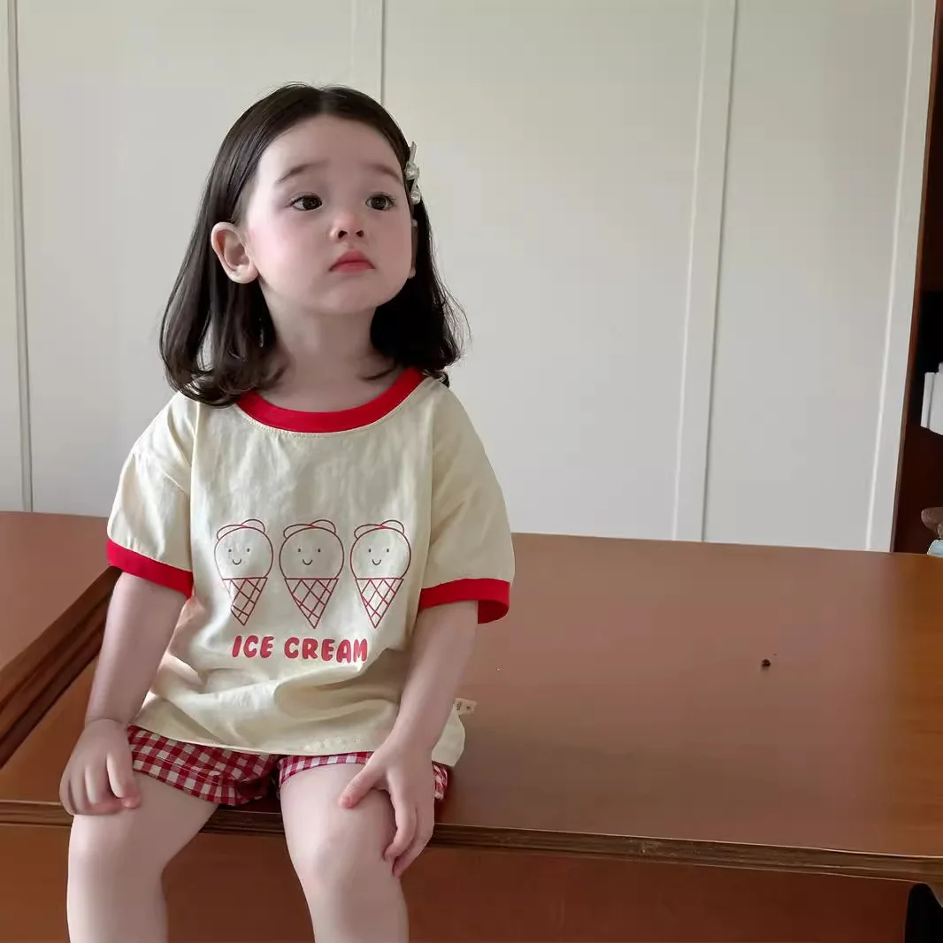 T-shirt and Shorts Set Summer Thin Korean Fashionable Cute Cartoon T-shirt Plaid Shorts Two-piece Set