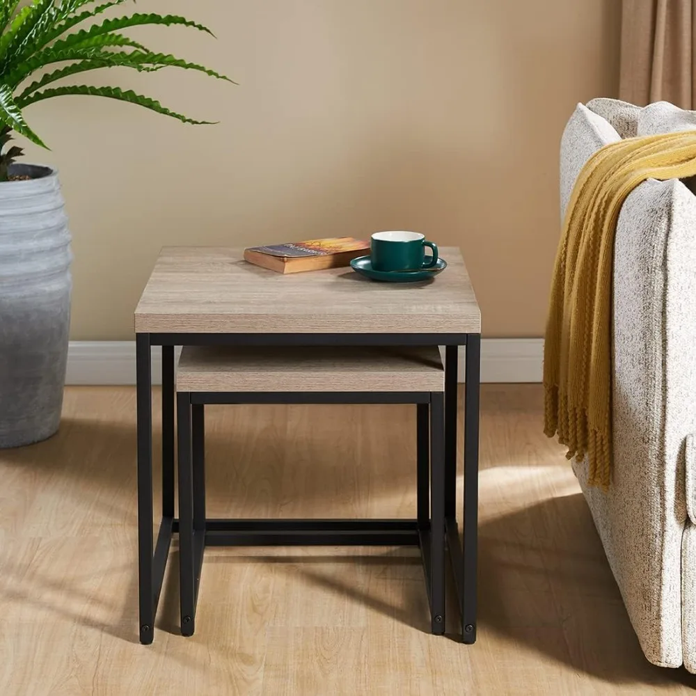 

Nesting Table/End Table/Side Table, 20" x 20" Square Shape, French Oak/Grey Wash Wood Finish, Space-Saving, Modern Industrial St