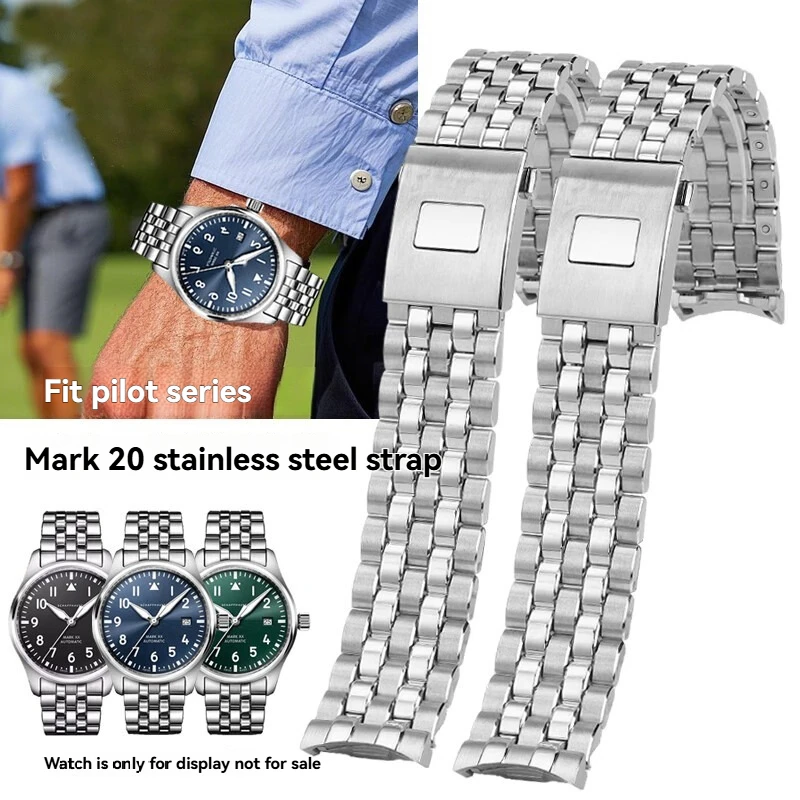 20MM Stainless Steel Watch Band for IWC Pilot Chrono IW3282 IW3281 - Arc Mouth Strap Replacement Wristband with Solid Clasp