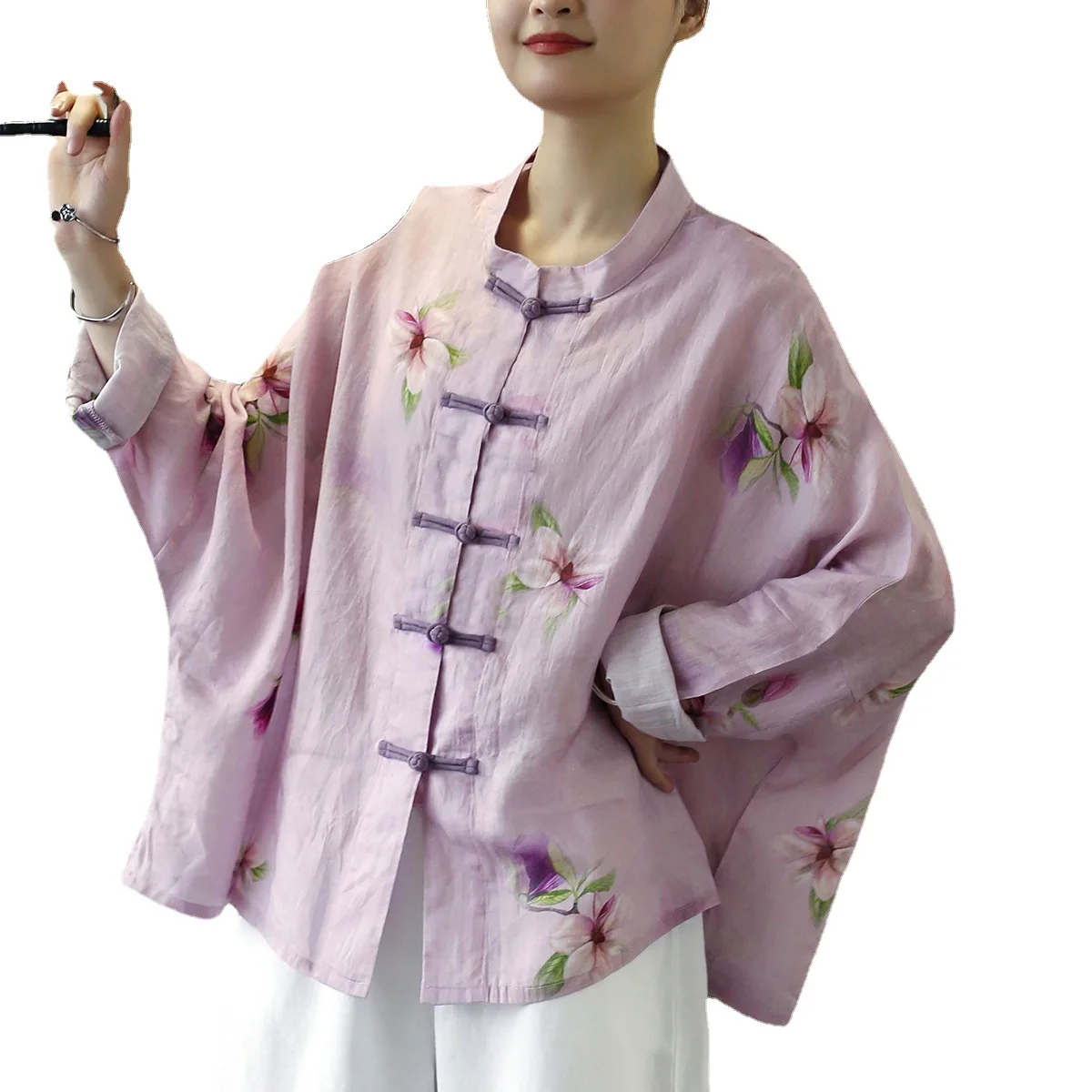 2025 Autumn Long Sleeves Printed Chinese Artistic Button-Up Cotton Linen Long Shirt Zen Tea Ethic Top Stand Collar Women's Shirt