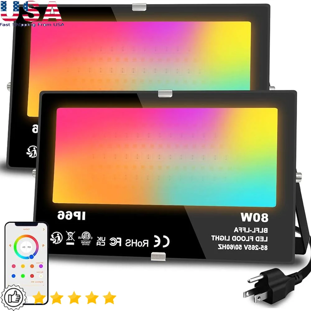 

800W Equivalent LED Flood Light Smart RGB Landscape Lighting App Control 8000LM Timed Color Changing Outdoor Party Garden
