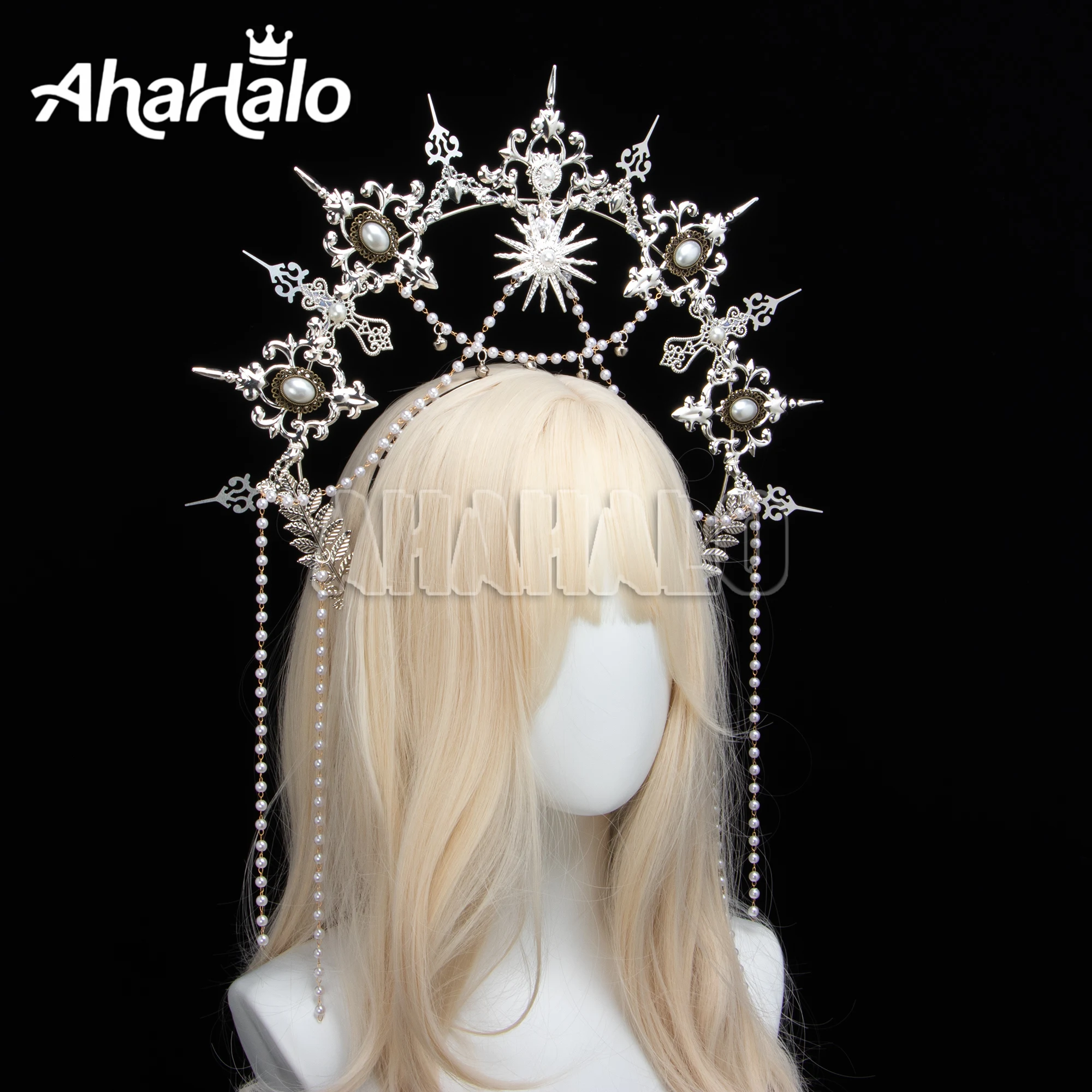 Argent gothique Halo couronne casque Lolita soleil déesse reine diadème perle perlée chaîne bandeau carnaval Halloween accessoire de cheveux