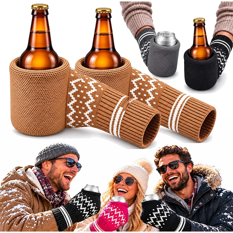 2027 Upgraded Beer Mitten Gloves with Knit Drink Holder Warm Hand Winter Beer Glove Creative Insulating Drink Mitt for Cold Beer