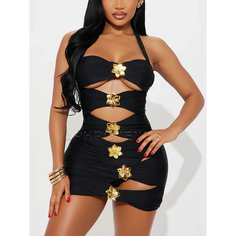 2Pcs/Set Black Halter One Piece Swimsuit with Skirt Cover Up Sexy Gold Flower Cutout Bathing Suit for Women Beachwear view 4