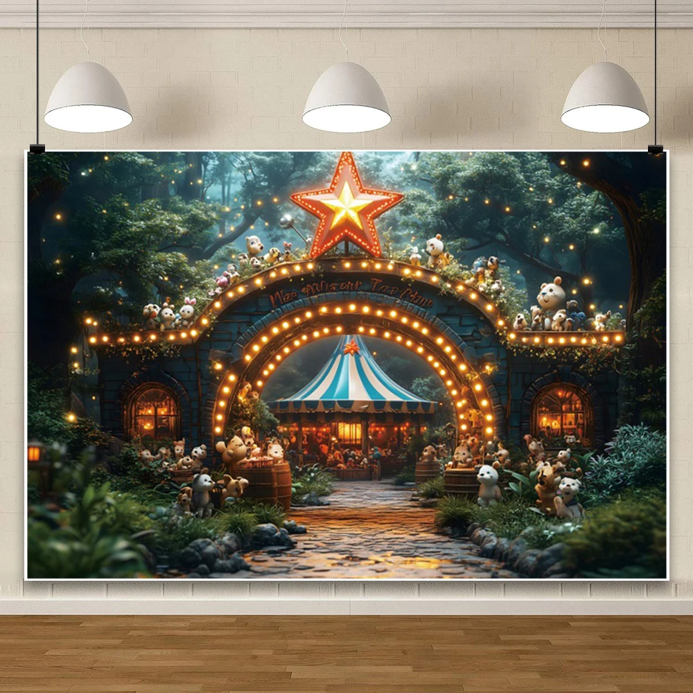 魔法のサーカス象の写真の背景、野生動物のアーチの風船、新生児の出生前のパーティー、ケーキクラッシュ、ポスターの背景