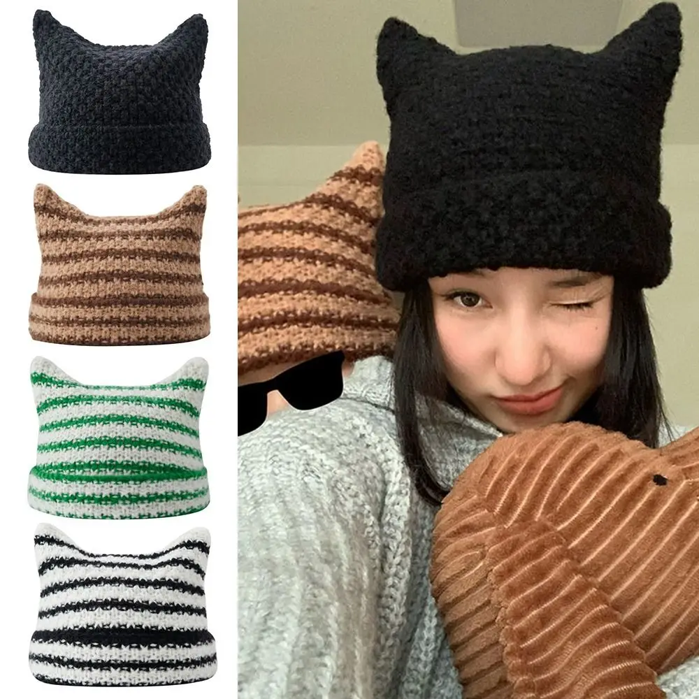 Y2K Harajuku Punk Gothic Knitted Cat Ear Little Devil Hat Millennium Women Kawaii Designer Winter Handmade Beanie Female Caps