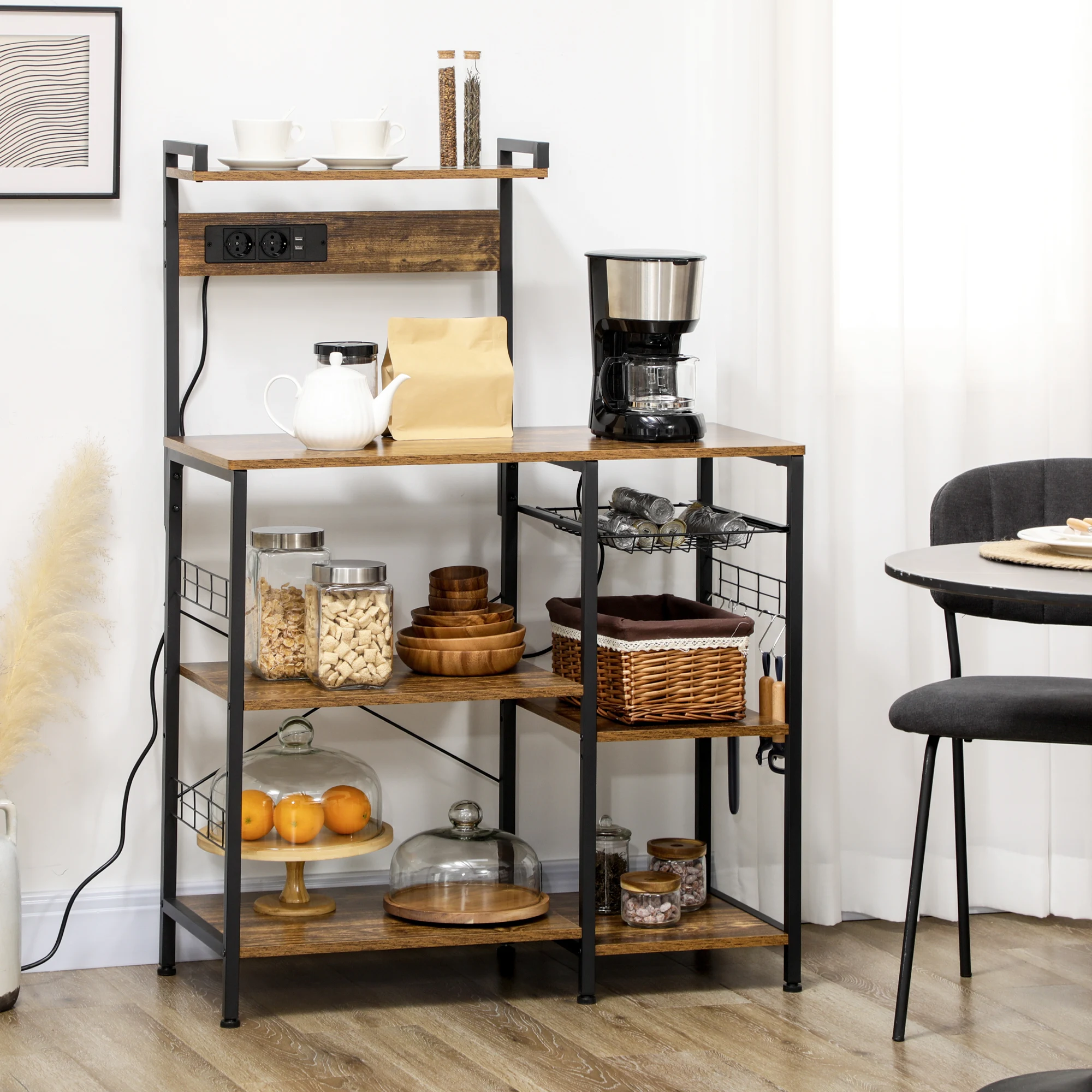 Sciffale Cucina Multipresa per Microonde con Ripiani e Cestino a Rete, 90x42x cm, Marrone