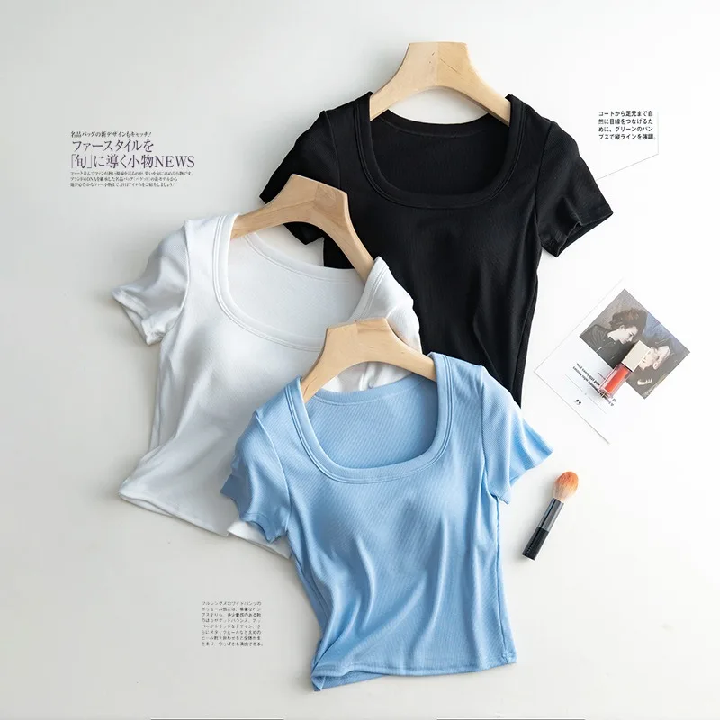 2023 New Women Bra T-Shirt Cotton Bra-T With Pad Cup Short Sleeves Summer Sexy Casual Bra One Piece Sports Tank Top U collar
