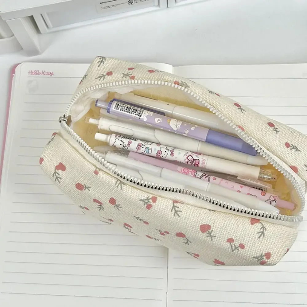 INS Floral Print Pen Bag Simple Cute Pencil Case Large Capacity Multifunctional Canvas Pen Box Desktop Stationery Organizer