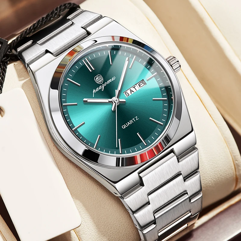 PAAZOMU Luxury Watch For Man Waterproof Luminous Date Week Stainless Steel Men Watch Casual Quartz Men's Watches Male Clock+box