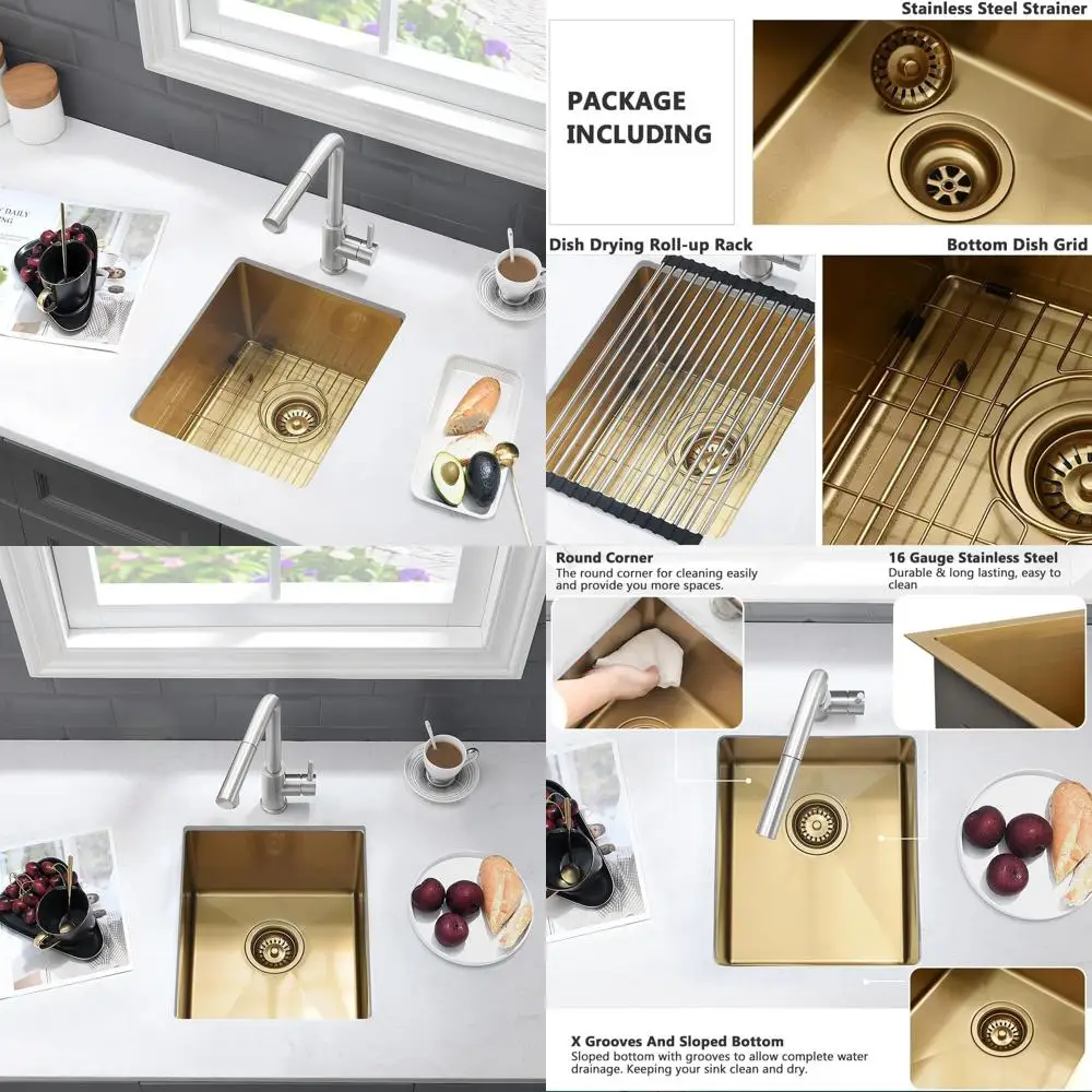 

13 Gold Undermount Bar Sink - 13x15 Stainless Steel Single Bowl for RV & Outdoor Kitchens