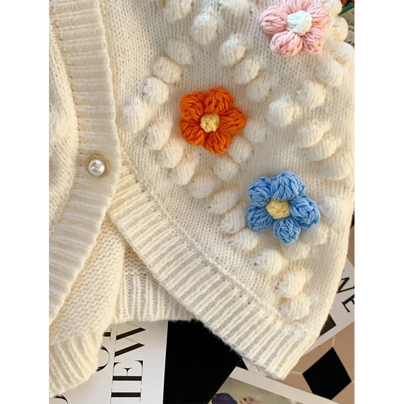 MEXZT 3D Flower Knitted Cardigan Women Y2K Cropped Sweater Coat Harajuku Streetwear Long Sleeve Knitwear Winter Korean Jumpers