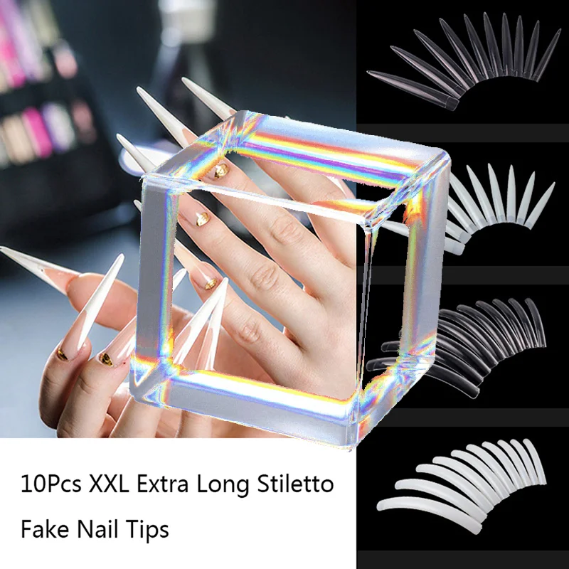 10Pcs Nail Tools Stiletto Nail Tips Extra Long Shape Clear Half Cover False Nail Art Tips