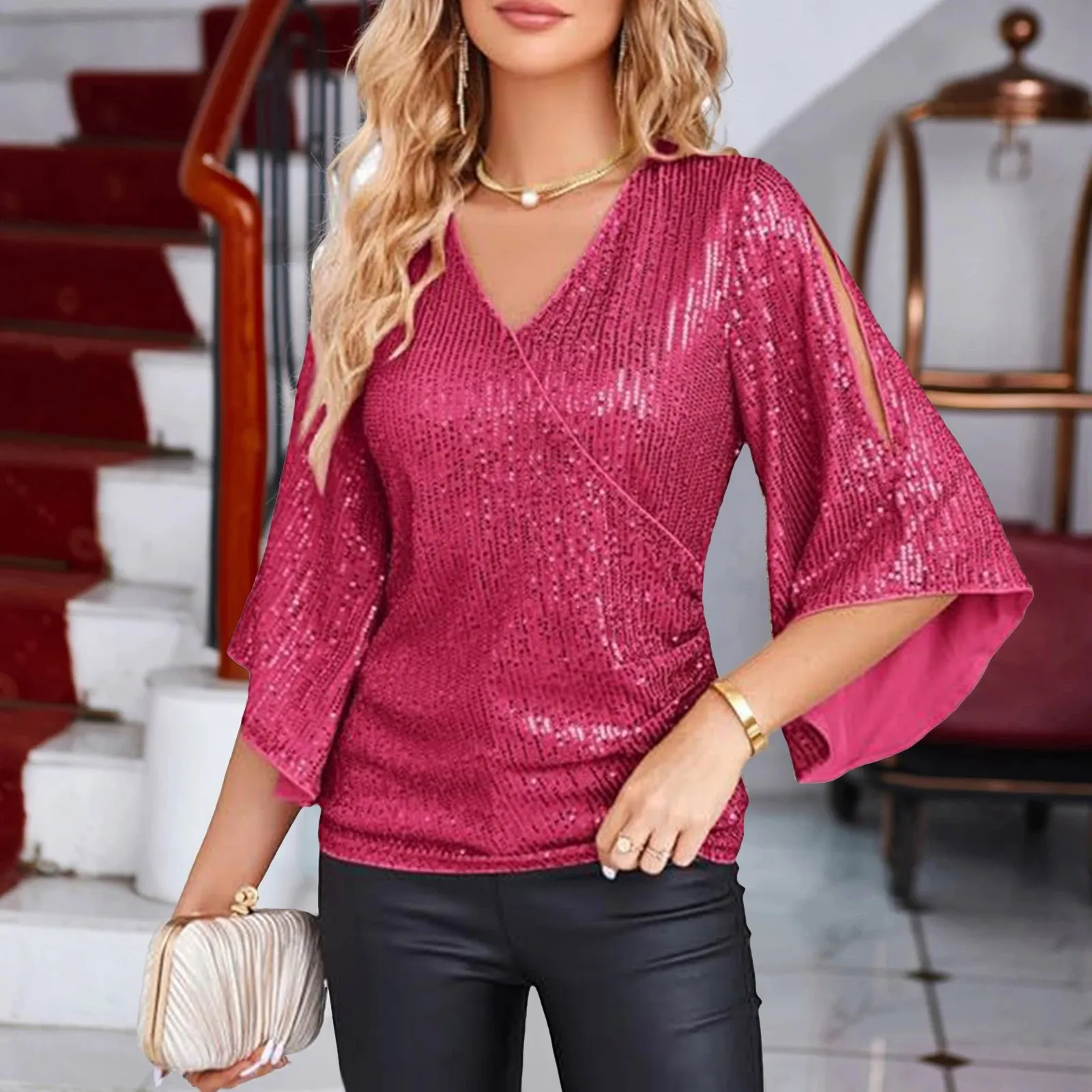 Camicetta da donna Top con paillettes Manica a 3/4 Glitter Sparkly Camicetta da festa Scollo a V Top eleganti per la festa serale Sottile Chic Blusas Para Muje