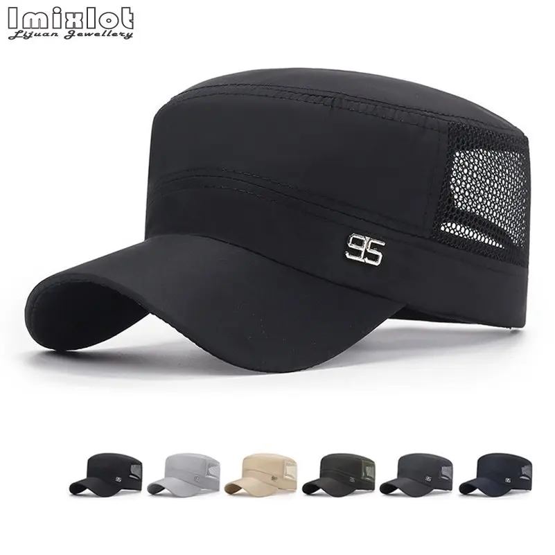 Classic Flat Top Hat Adjustable Fisher Military Caps Men Women Cadet Army Cap Outdoor Summer Sun Hats Quick Dry Mesh Cap