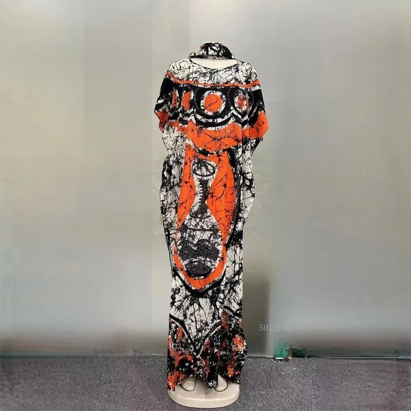 Abito da donna in cotone traspirante allentato etnico africano estivo stampato grande sciarpa abito alla moda 2025 design con diamanti caldi