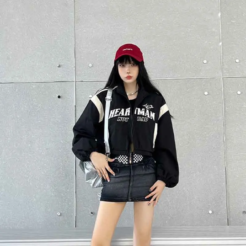 Y2K Letter Embroidery Women Short Jackets Fall Loose Hip Hop Long Sleeve Zipper Bomber Coat Korean Streetwear Casual Outwears