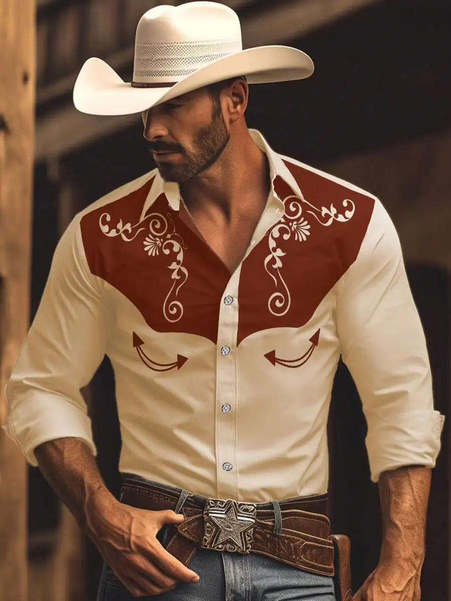 

Men's Western Style Contrast Yoke Shirt with Scroll Print, Long Sleeve Casual Top