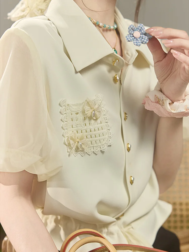 痩身レースパッチポケットシャツ女性のスタイルバブルスリーブクラウドロールソフト生地ふわふわではないポロカラーポリエステル繊維