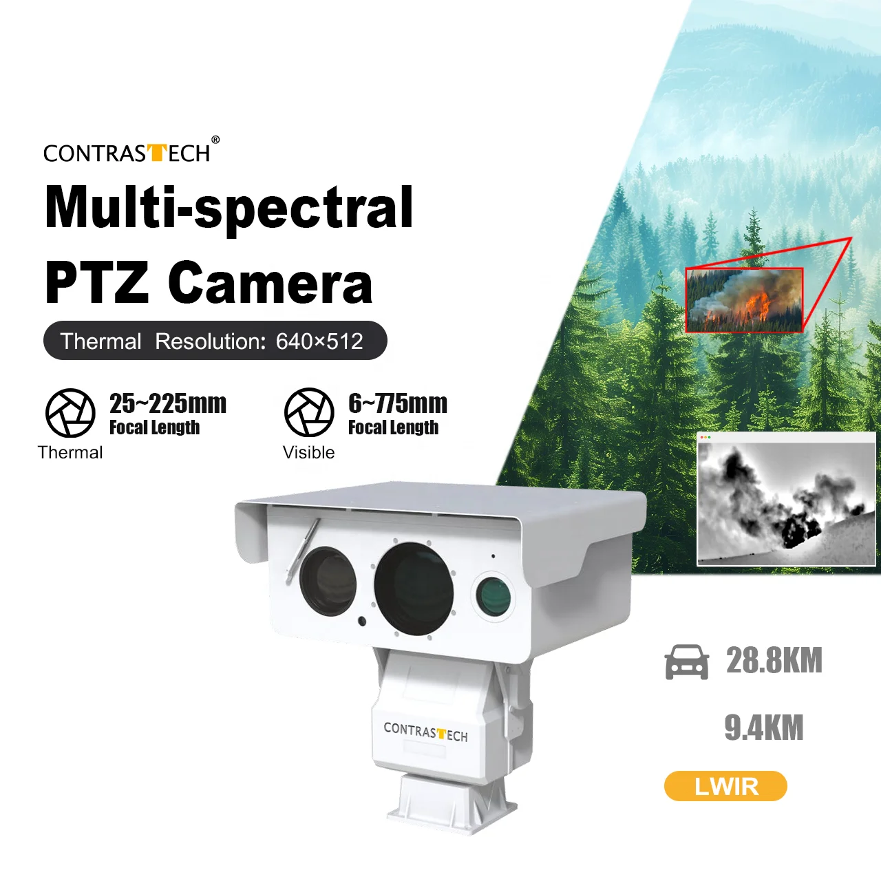 Caméra thermique PTZ à double capteur IP66, longue portée de 360 degrés, Zoom 25-225mm, pour la sécurité frontière et côtière