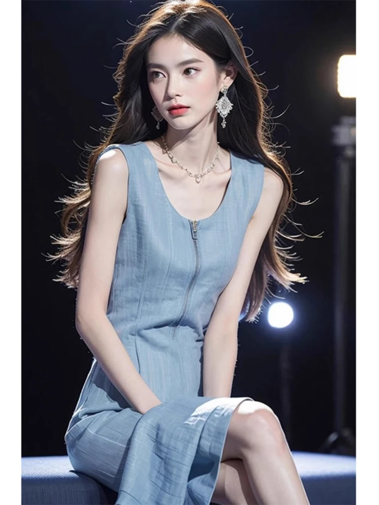 

Summer 2026 Blue Svel Waist-Cinching Dr Women's Premium Design Slimming A-Line Skirt Commute Sle Korean Version