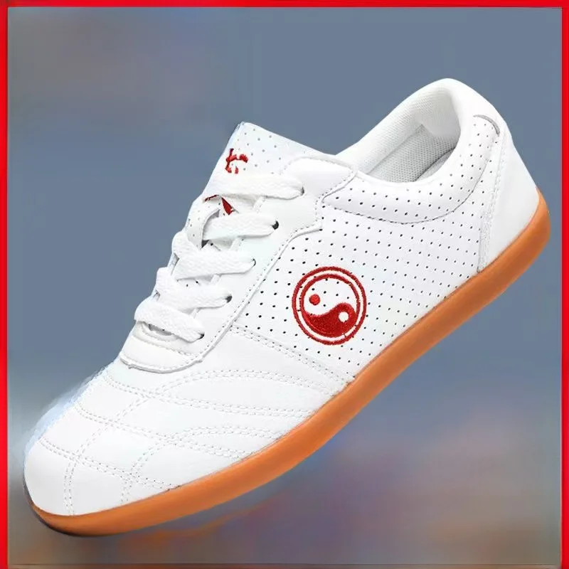 Men's Tai Chi Shoes Breathable Mesh Slip-On Genuine Leather Anti-Slip Bottom for Martial Arts Practice And Punching Training
