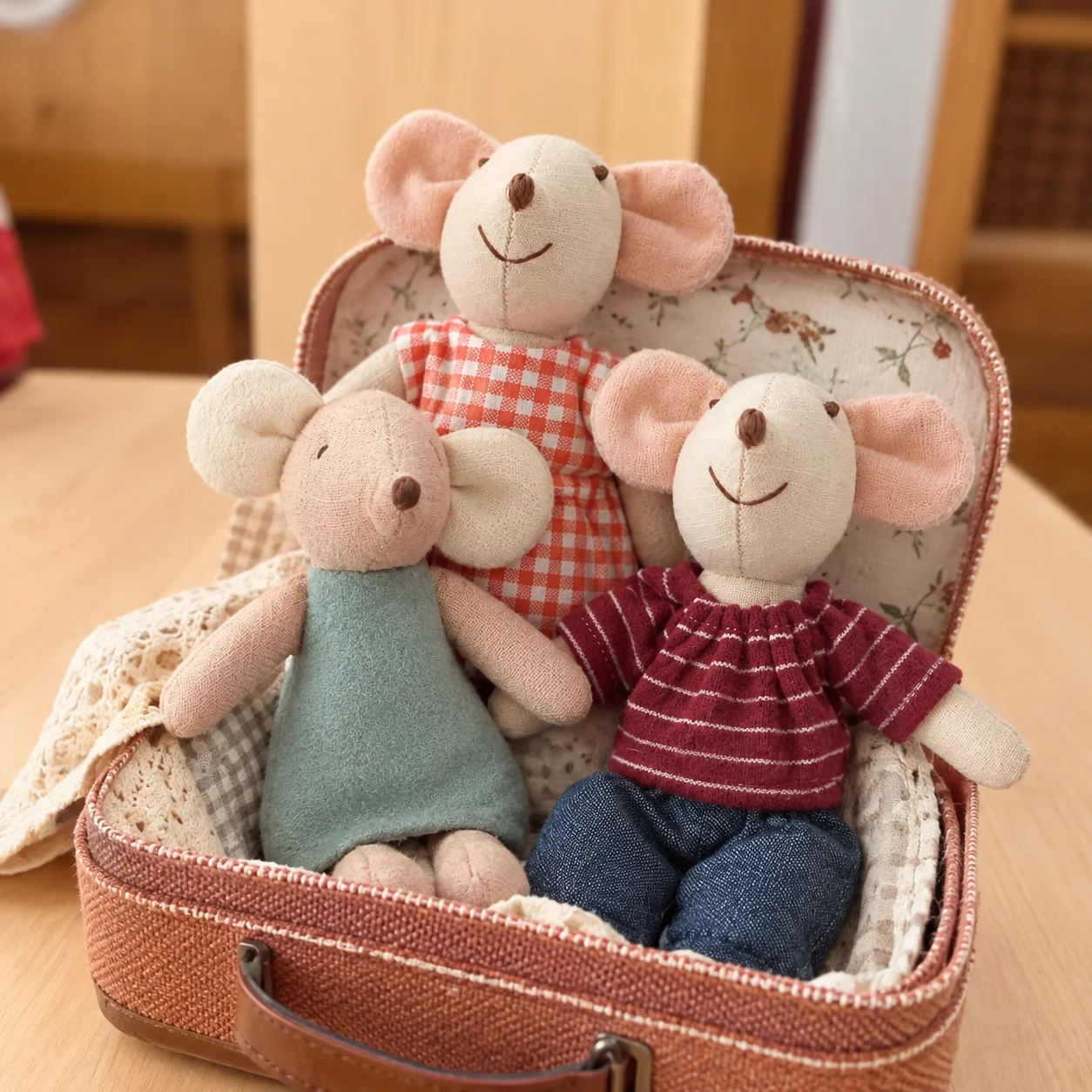 Nordic Mouse Family Plush Toy Set Handmade Linen Fabric Mouse Dolls Pretend Play Family Figurines Kids Room Decor Gift