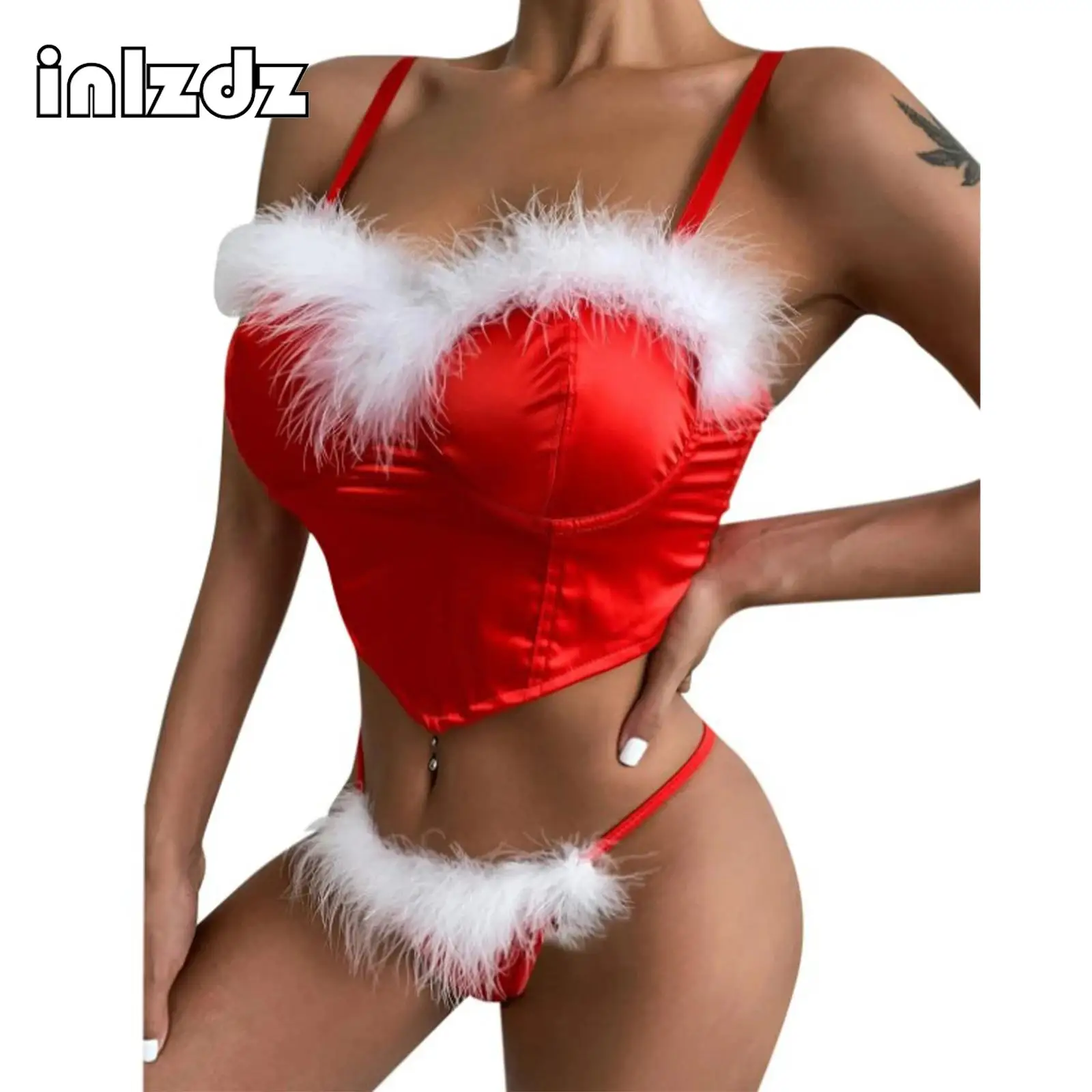 

Womens Feather Trim Satin Lingerie Set Spaghetti Strap Push Up Corset Bra with T-Back Underwear for Carnivals Christmas