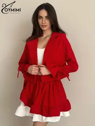 Oymimi Fashion Red Sets For Women 3 Pieces Elegant Long Sleeve Single Button Shirts And White Mini Skirts + Ruffled Sashes Sets