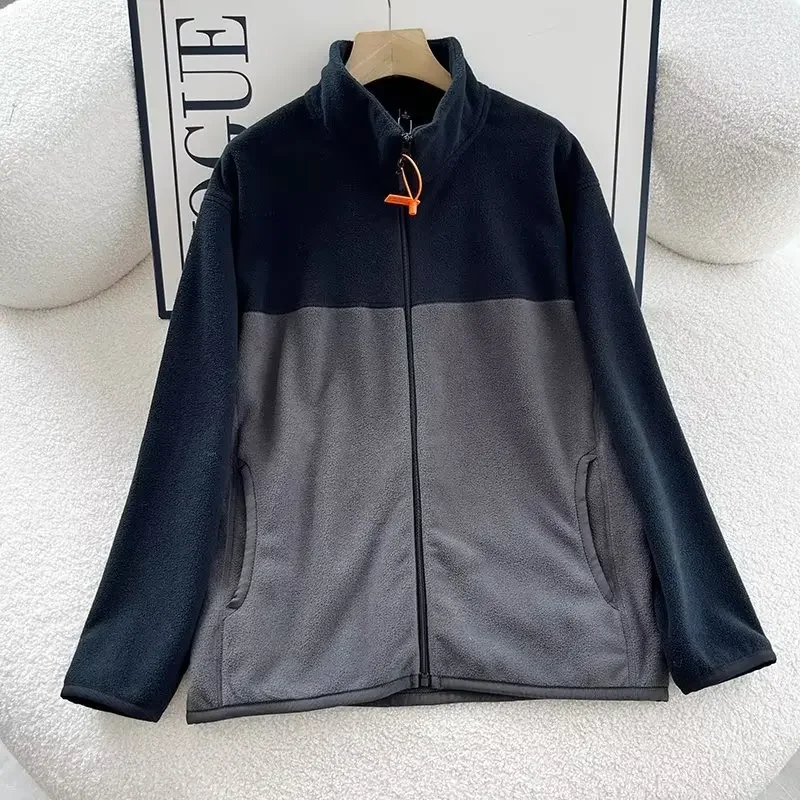 Autumn and Winter Polar Fleece Zipper Jackets for Men and Women Couples, Contrasting Color Splicing Jackets