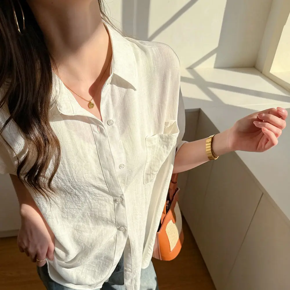 Summer Womens Shirt Linen Blouse Long Sleeve Loose Sunscreen Cardigan Breathable Casual Minimalist Beach Cover Up Top 2