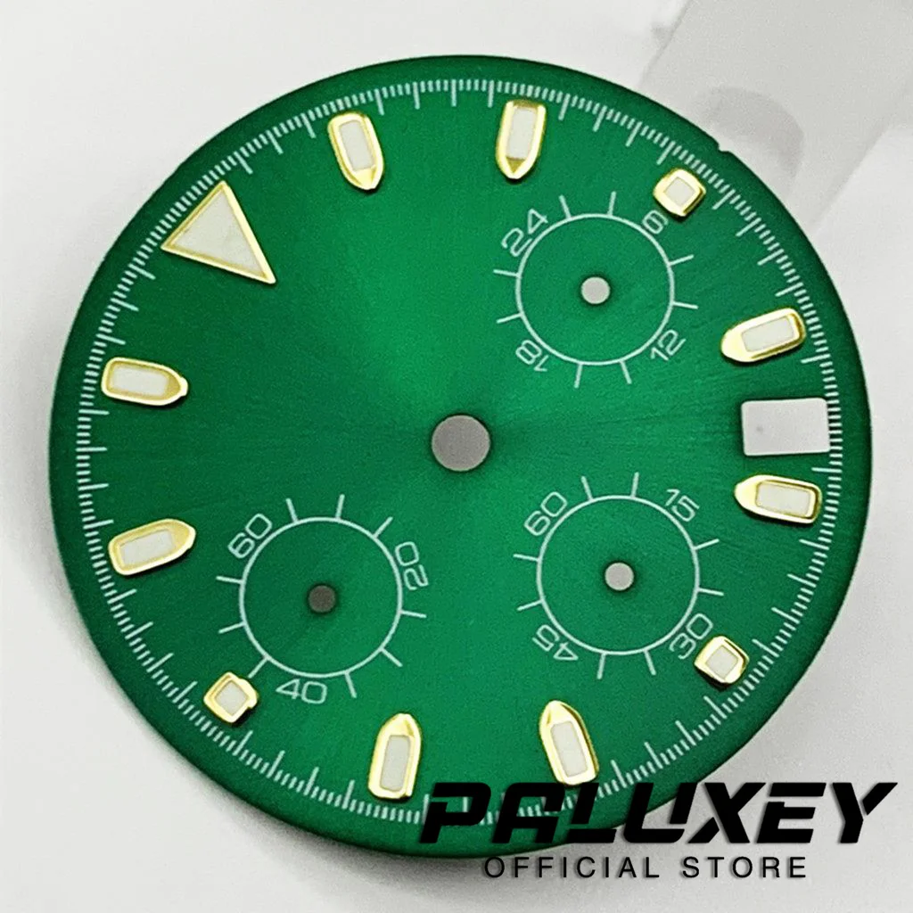 وجه ساعة مضيئة لقطع غيار حركة VK63 ، قرص أخضر معقم ، علامة ذهبية ، Vk63 ، 29.5 مللي متر