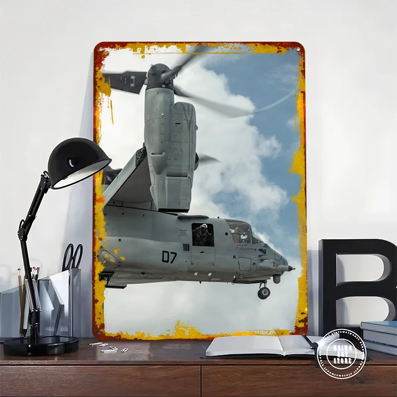 V-22 Osprey Tiltrotor Aircraft in Flight Printed Poster Customized Wall Art Retro Vintage Metal Tin Signs for Setup Decorations